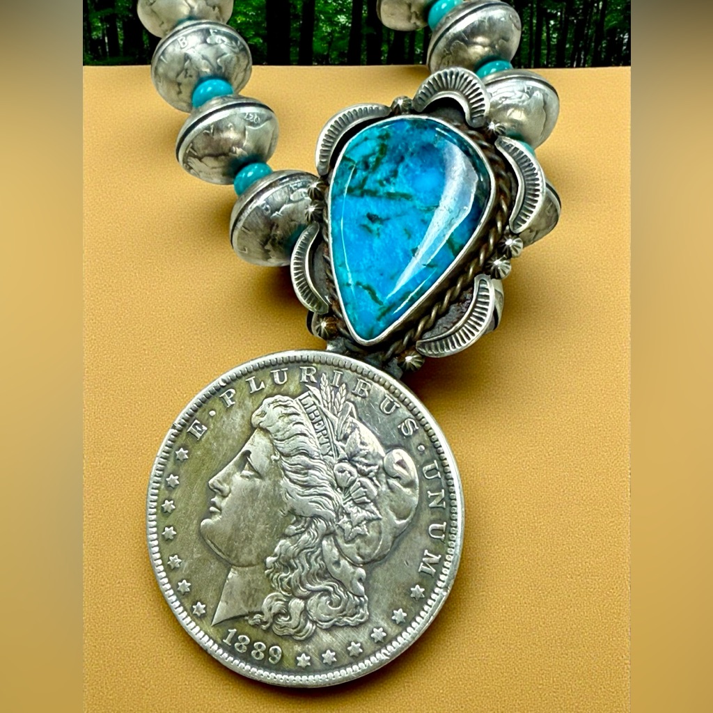 Vintage Navajo Jmc James Mccabe Morgan Dollar Kingman Turquoise 925 Necklace 2800$